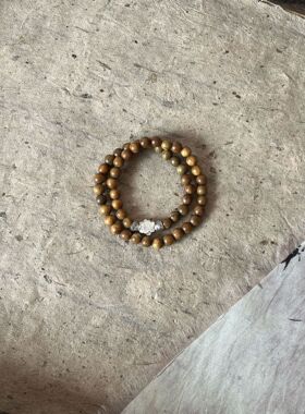 新中式天然绿檀木双圈手串银莲花