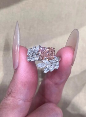 法式千金感粉锆方糖麦穗叶戒指女爆闪轻奢精致甜美时尚开口指环