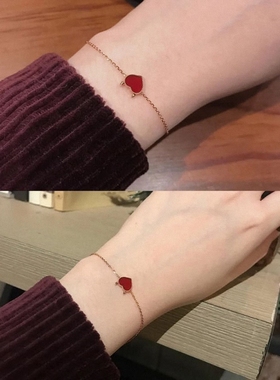 金色纯银爱心红玛瑙锁骨链