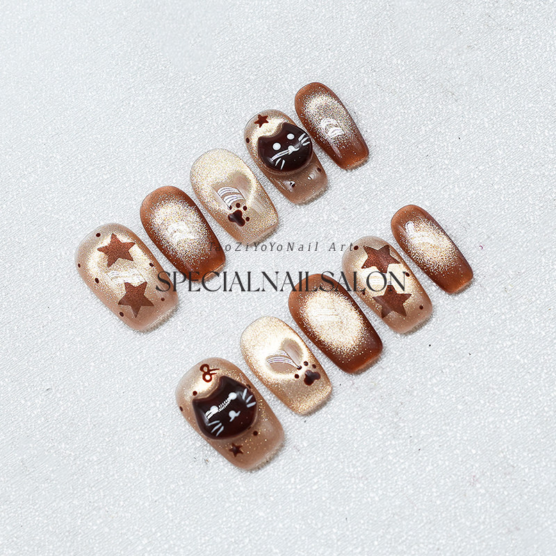 【暖暖猫眸】纯手工穿戴美甲2025新款焦糖色星星猫眼可爱指甲贴片,淘宝优惠券,粉丝福利购,淘宝优惠卷