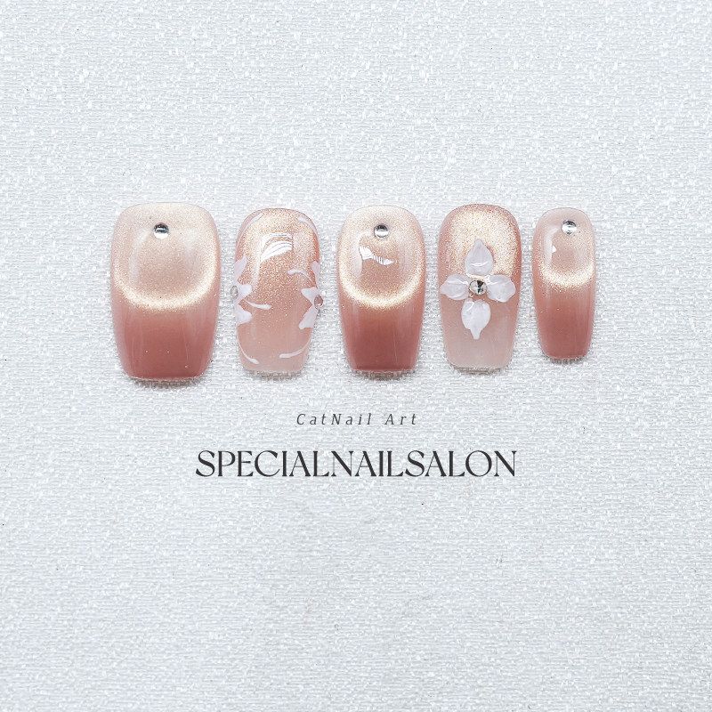 【玉兰疏影】纯手工穿戴甲2025新款温柔细闪猫眼花卉高级感美甲片,淘宝优惠券,粉丝福利购,淘宝优惠卷