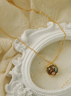 绿色中古吊坠油画风巴洛克珍珠项链女轻奢小众国风复古夸张锁骨链