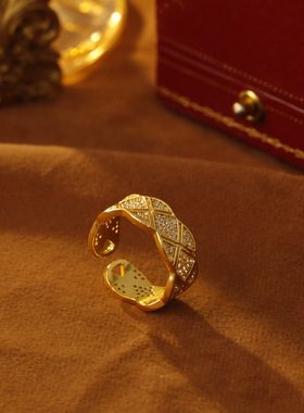 小香风微镶满钻菱格戒指开口小众设计高级感精致指环复古潮对戒