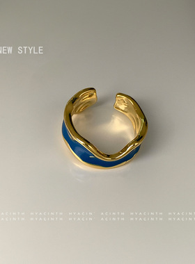 时尚中古蓝戒指法式简约开口可调节男女款异形指环莫兰迪色系戒指