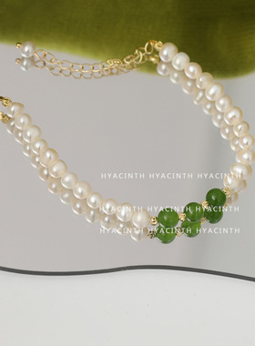 和田碧玉天然淡水珍珠手链法式高贵气质强光珍珠手饰品中式复古风