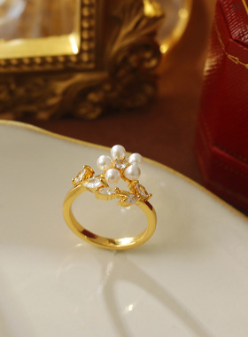 小众独特珍珠花朵戒指高级感超闪锆石开口戒可调节食指戒仙气指环