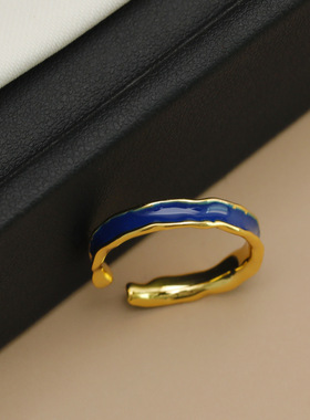 圆圈开口戒指男克莱因蓝高级感轻奢小众设计滴油电镀16K金男戒潮