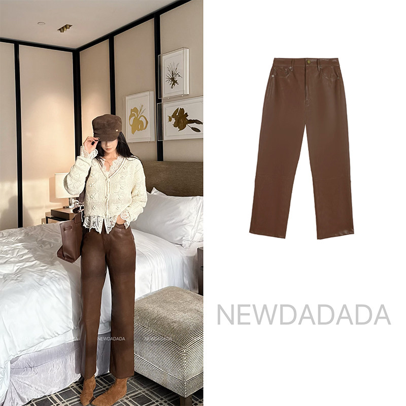 利达NEW DADADA【雾蓝海森】复古卡其休闲裤女高腰显瘦九分pu皮裤,淘宝优惠券,粉丝福利购,淘宝优惠卷