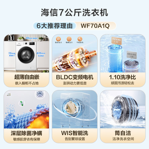 海信7公斤滚筒洗衣机全自动变频家用租房超薄洗衣机小型洗脱一体 - 图0