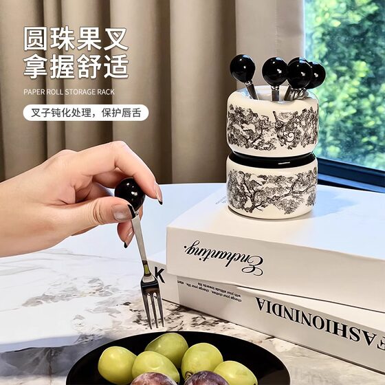 Ceramic fruit fork set living room dining table light luxury cake dessert fork fruit picks creative storage jar