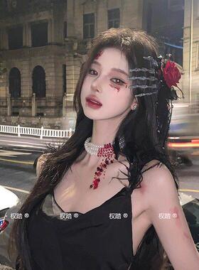 万圣节搞怪头纱鬼爪发夹玫瑰花骷