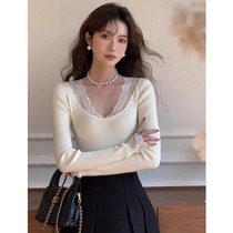 Low collar knitwear jersey undershirt female inner lap leather grass autumn winter method Strung Lace Lace lace lace collar with fur coat