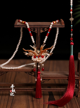 原创马面裙配饰汉服长璎珞红色背云红色旗袍新年大醒狮长流苏项链