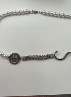 21ss新款勾勾笑脸珍珠项链原宿风嘻哈古巴链男女复古高街潮牌饰品