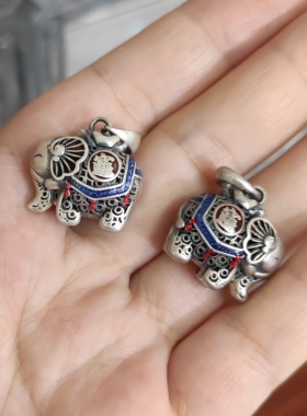 S925纯银精工烧蓝大象吊坠滴流diy手链项链配件100元包邮77 8