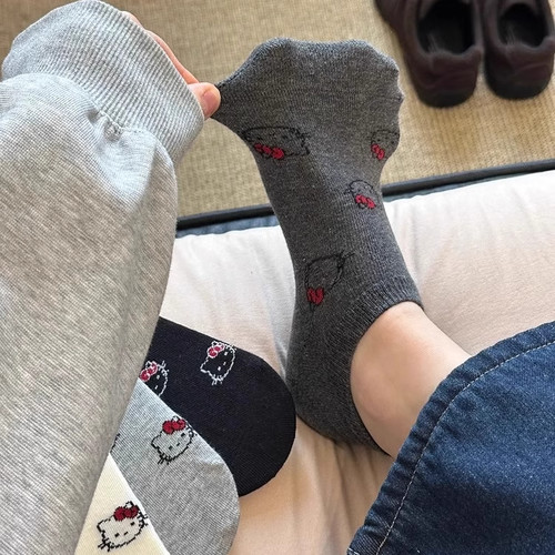 袜子女纯棉隐形短袜夏季薄款透气吸汗日系卡通kitty猫不掉跟船袜 - 图3