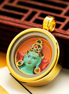 景区定图藏式唐卡擦擦文玩钛钢手绘上色绿度母大黑天嘎乌盒挂件项