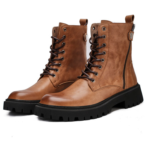 靴子男士秋冬牛皮厚底马丁靴高帮拉链复古皮靴潮流百搭机车户外靴 - 图3