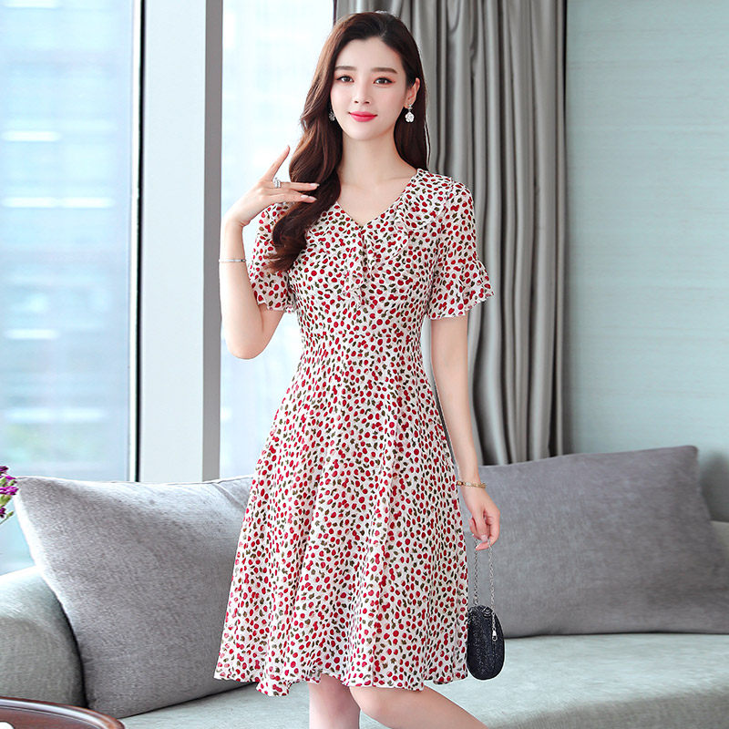 女夏2020新款荷叶领樱桃印花雪纺 柔情恋连衣裙