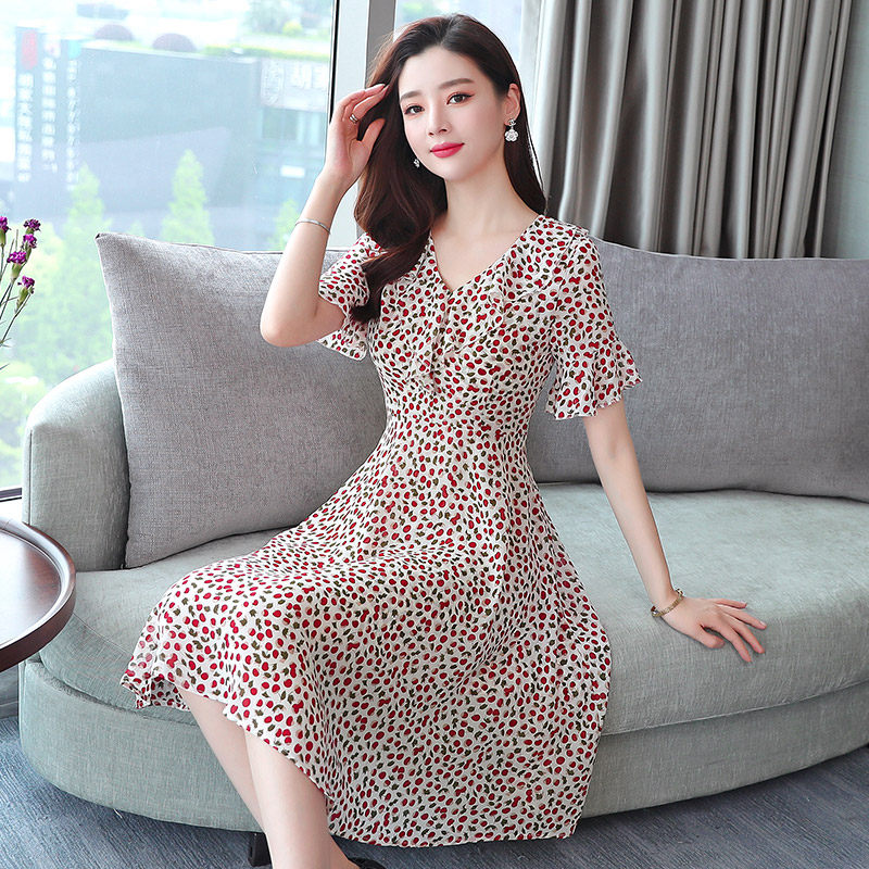 女夏2020新款荷叶领樱桃印花雪纺 柔情恋连衣裙