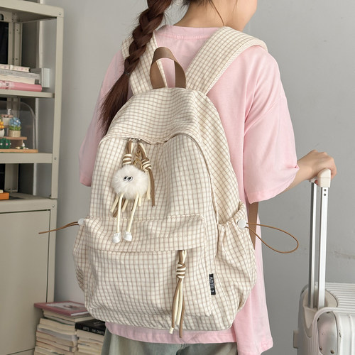 复古港风格子双肩包女2025新款大容量初中大学生书包旅行电脑背包 - 图0