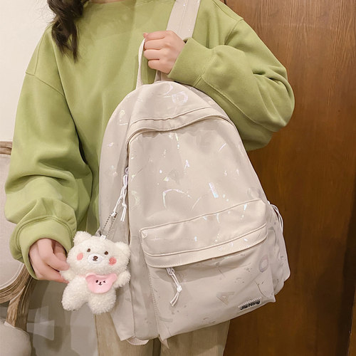 森系百搭简约双肩包女初中生日韩涂鸦反光书包女大学生双肩女背包 - 图0