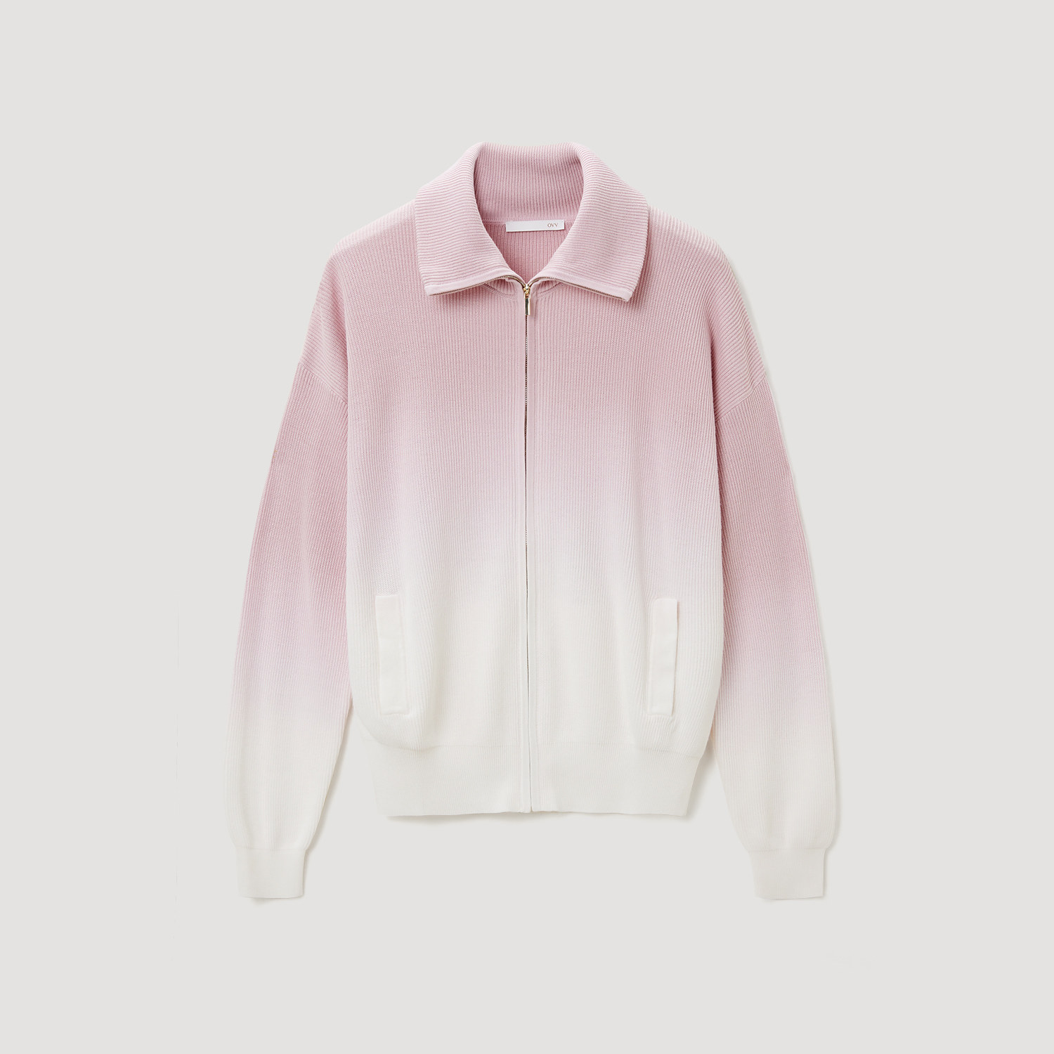 OVV秋冬新款女装吊染工艺粉色渐变拉链翻领休闲针织外套