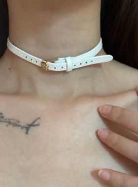 [楼哈哈]极简百搭细款白色choker皮质项圈短款颈带女甜酷辣妹颈链