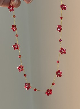 [楼哈哈]红色显白小清新花朵短款颈链锁骨链切面串珠不掉色choker