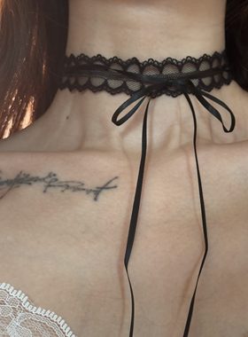 [楼哈哈]纯欲黑色蕾丝飘带项链choker长款绑带颈饰少女蝴蝶结项圈