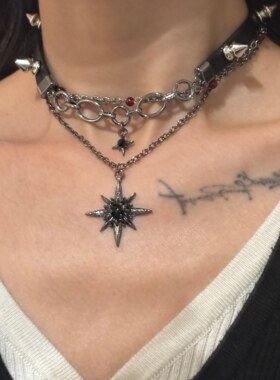 [楼哈哈]y2k暗黑哥特风芒星叠戴多层项链锁骨链choker亚比配饰