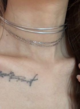 [楼哈哈]银色皮革链条choker细款日常百搭锁骨链多层颈带项圈脖链