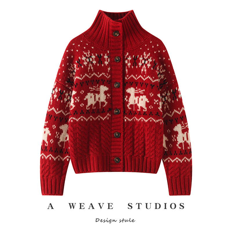 重磅秋冬高领加厚提花拼色山羊绒开衫女轻奢毛衣气质复古毛衣外套,淘宝优惠券,粉丝福利购,淘宝优惠卷