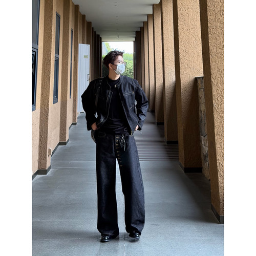 AYUN Studio 孙聖云廓形机车牛仔套装垫肩水洗短款上衣弯刀慵懒潮 - 图3