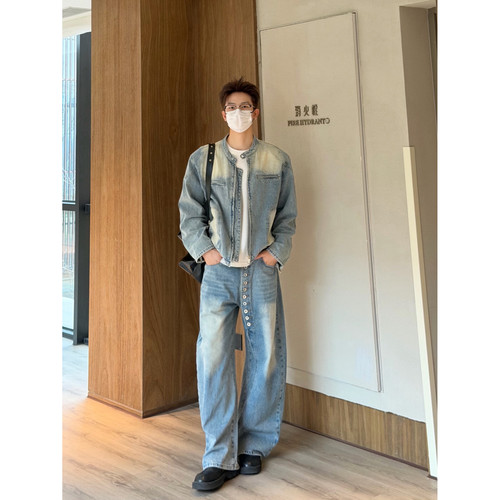 AYUN Studio 孙聖云廓形机车牛仔套装垫肩水洗短款上衣弯刀慵懒潮 - 图1