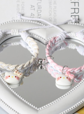 原创格子蝴蝶结猫咪情侣磁吸手链