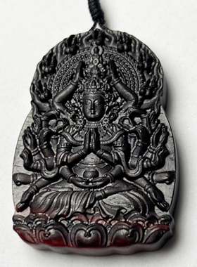 黑色小叶紫檀木千手观音本命佛吊坠木雕本命佛鼠男女红木挂件项链