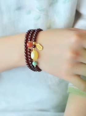 天然酒红石榴石三圈手链复古法银富贵牌吊坠挂件古法银配件手链