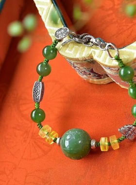 新中式天然和田玉碧玉回纹单珠手绳寓意吉祥如意蜜蜡s925纯银手链