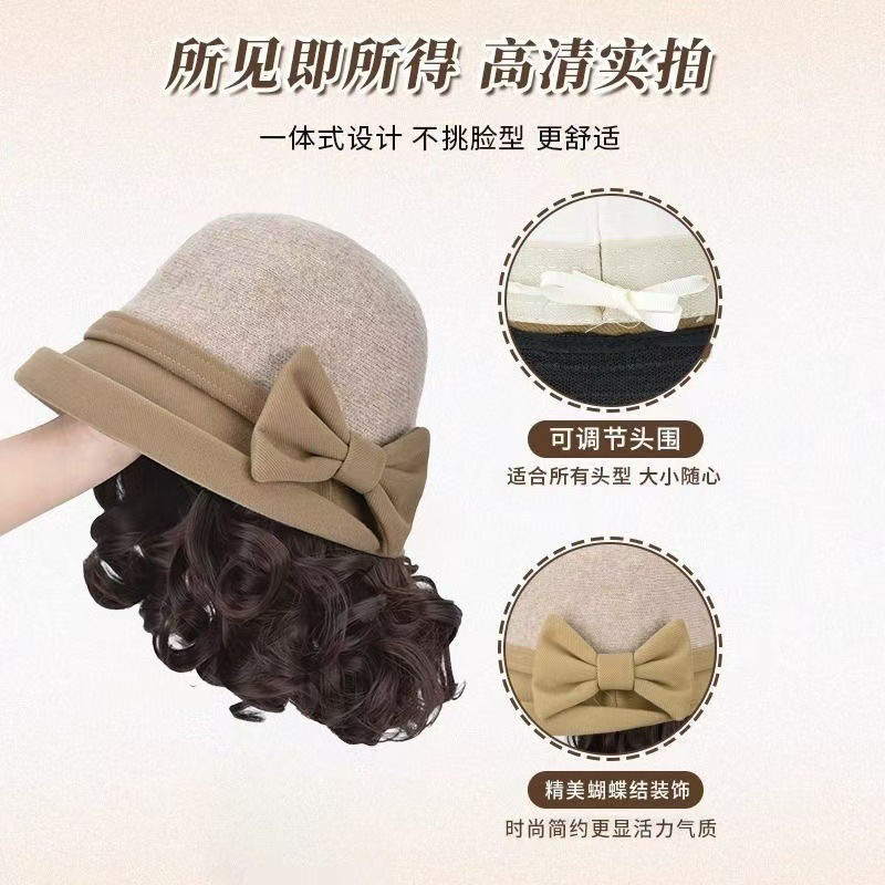 秋冬新款帽子假发一体加厚羊毛呢渔夫帽慵懒卷洋气减龄短卷发头套
