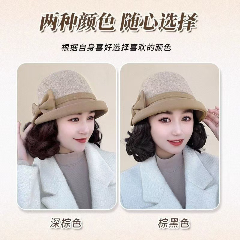 秋冬新款帽子假发一体加厚羊毛呢渔夫帽慵懒卷洋气减龄短卷发头套