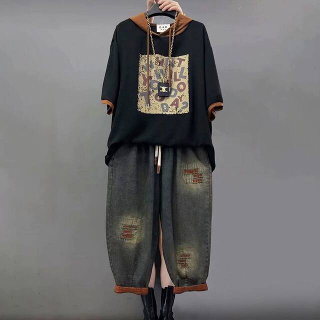 Fat mm plus size casual suits new personalized fashion hooded loose printed short-sleeved jeans nine-point two-piece set