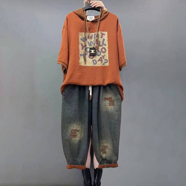 Fat mm plus size casual suits new personalized fashion hooded loose printed short-sleeved jeans nine-point two-piece set