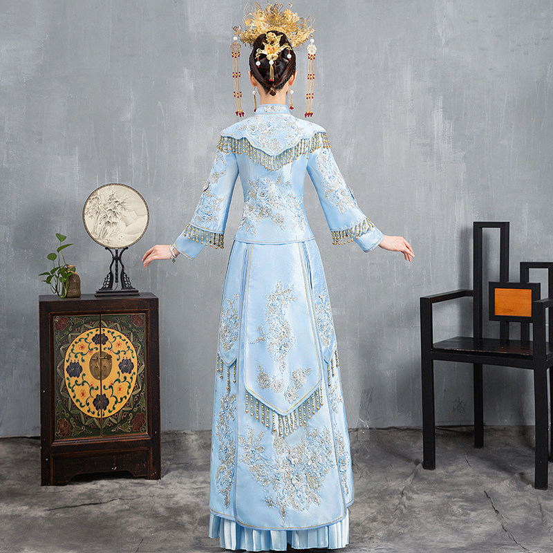 蓝色秀禾服2020新款显瘦中式婚纱 衣至人归旗袍