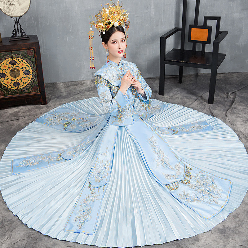 蓝色秀禾服2020新款显瘦中式婚纱 衣至人归旗袍