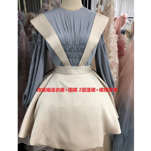 连衣裙  春夏圆领打揽灯笼袖拉链包扣少女心收腰显瘦气质俏皮仙女 - 图1