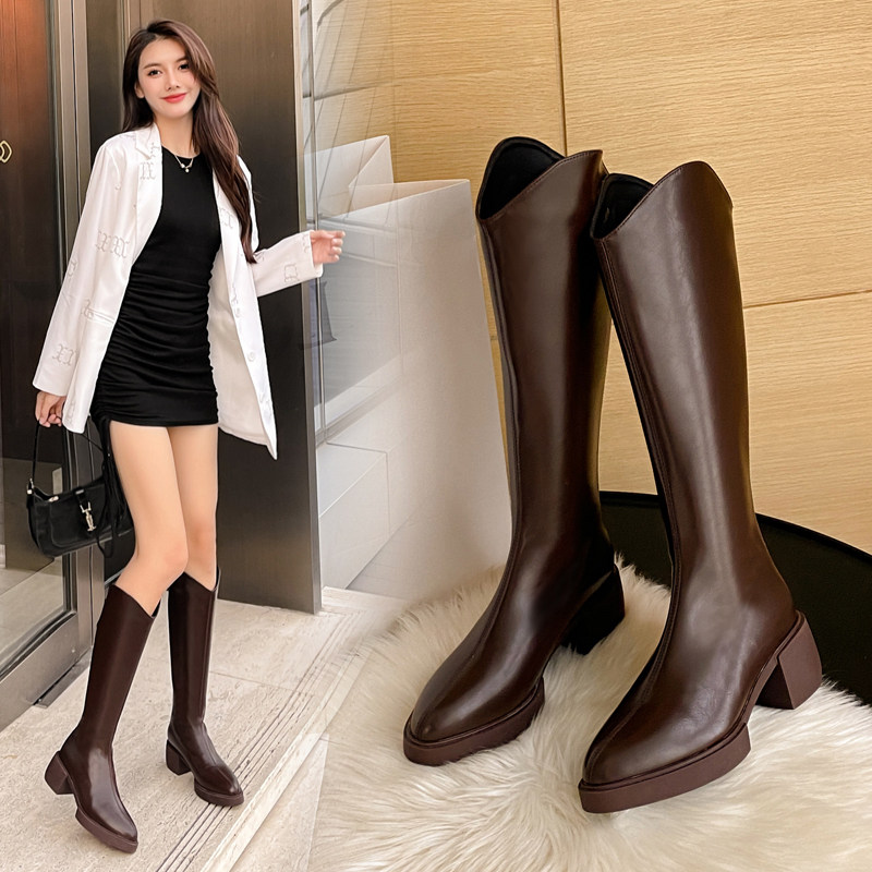 靴子女长筒靴2025新款西部牛仔靴复古粗跟尖头骑士靴不过膝长靴女,淘宝优惠券,粉丝福利购,淘宝优惠卷