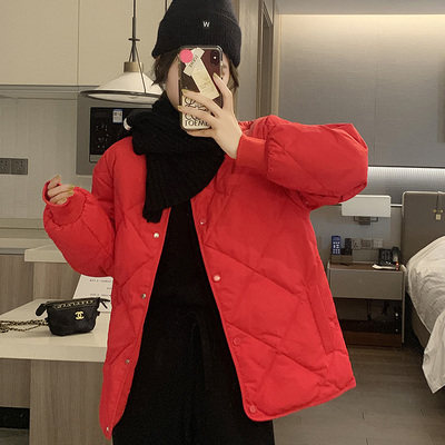 2024秋冬新短款大码白鸭绒圆领羽绒服女菱格休闲无领保暖时尚外套 - 图2