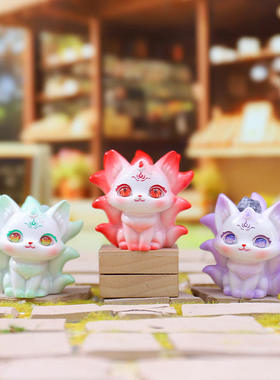 创意九尾狐手办七彩灵狐水晶石盲盒国风系列桌面摆件车载装饰礼物