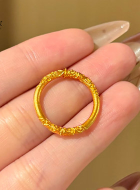 金店同款沙金古法卷草纹素圈戒指